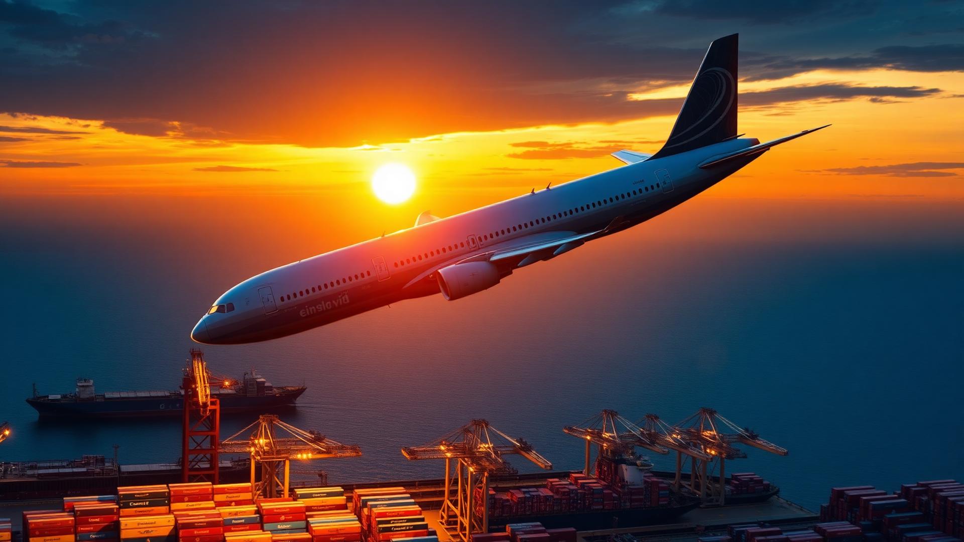 International cargo airplane over global shipping port